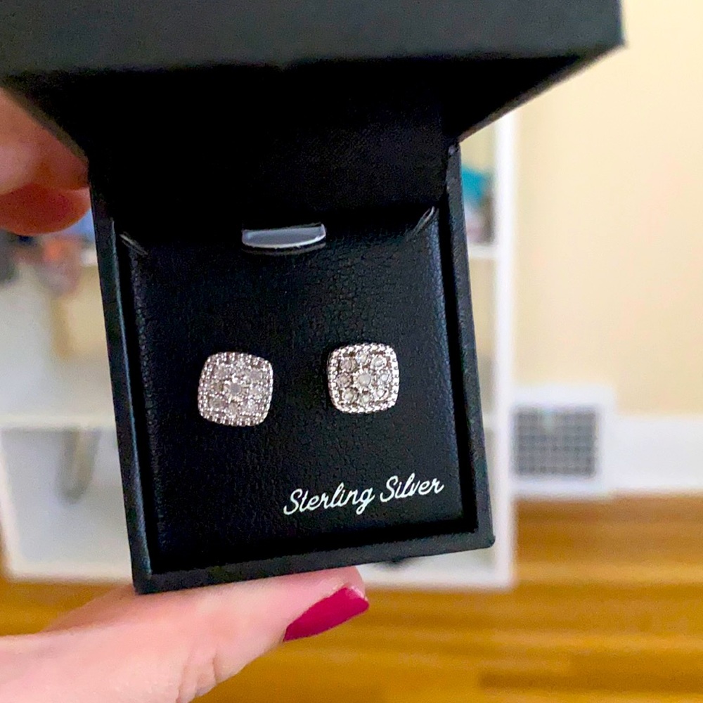 Diamond Cushion Cluster Stud Earrings - sterling silver